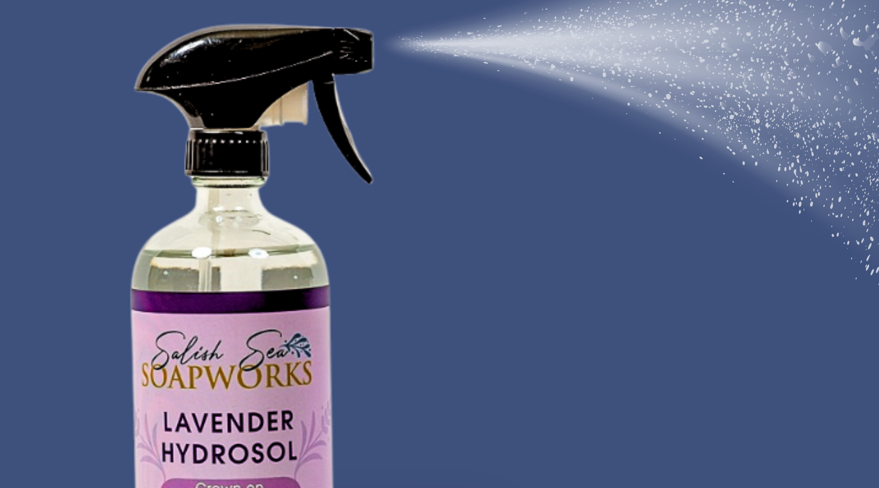 hydrosol bottle spraying in front of purple background