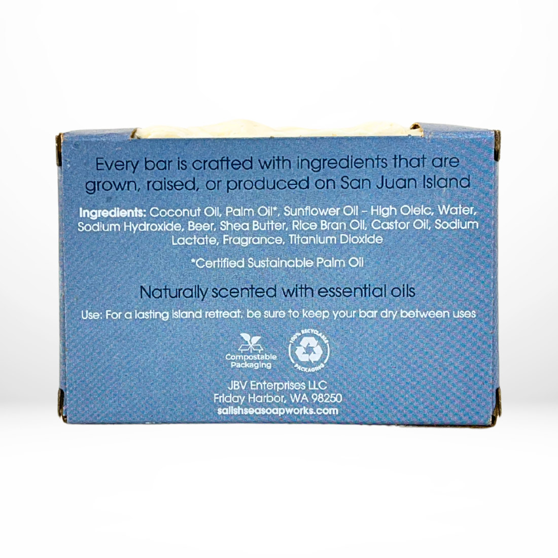 Back view of the 'Let's Meet In Town' bar of soap with packaging with a view of the ingredients list and details