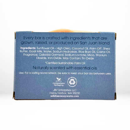 Back view of the 'Sunny Valley Farm' bar of soap with packaging with a view of the ingredients list and details