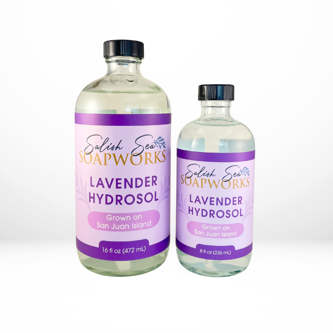 Two bottles of Lavender Hydrosol, 16 and 8 ounce, from Salish Sea Soapworks on a white background