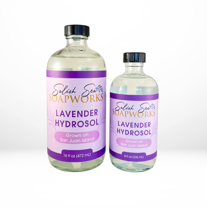 Two bottles of Lavender Hydrosol, 16 and 8 ounce, from Salish Sea Soapworks on a white background