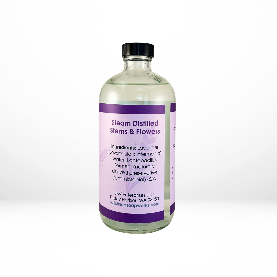 Back of lavender hydrosol bottle with ingredients list shown
