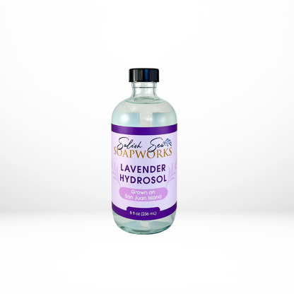 8 ounce bottle of lavender hydrosol with a purple label on a white background