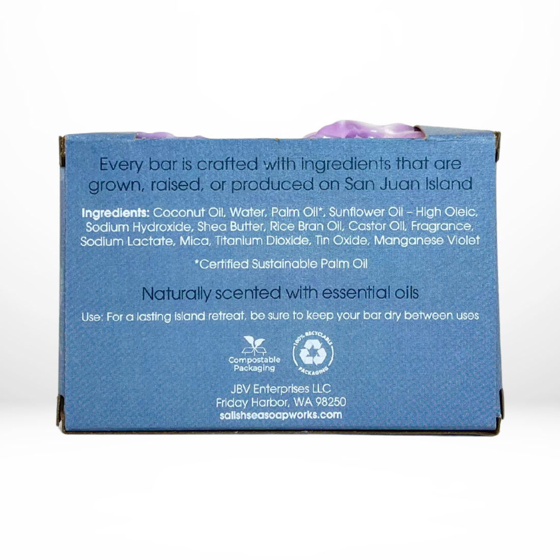 Back view of the 'San Juan Sachet' bar of soap with packaging with a view of the ingredients list and details.