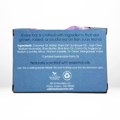 Back view of the 'San Juan Sachet' bar of soap with packaging with a view of the ingredients list and details.