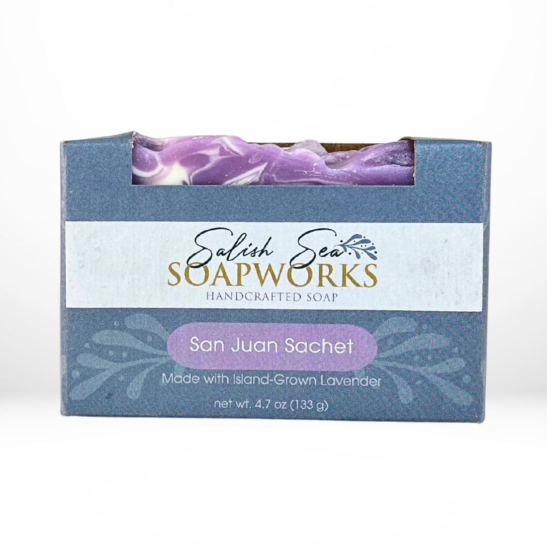 Front view of the 'San Juan Sachet' bar of soap in Salish Sea Soapworks packaging.