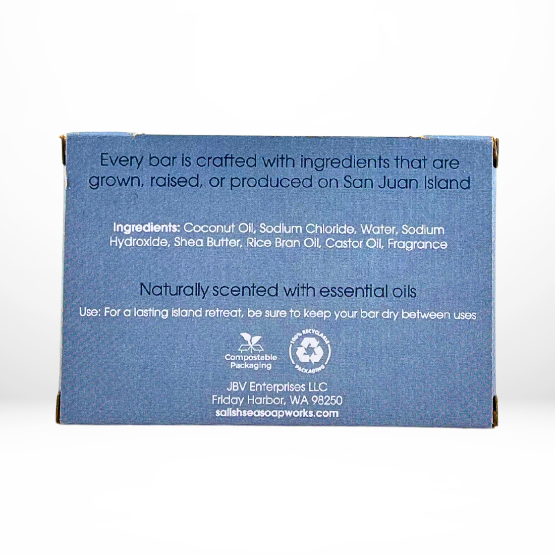 Back view of the 'Haro Strait' bar of soap with packaging with a view of the ingredients list and details