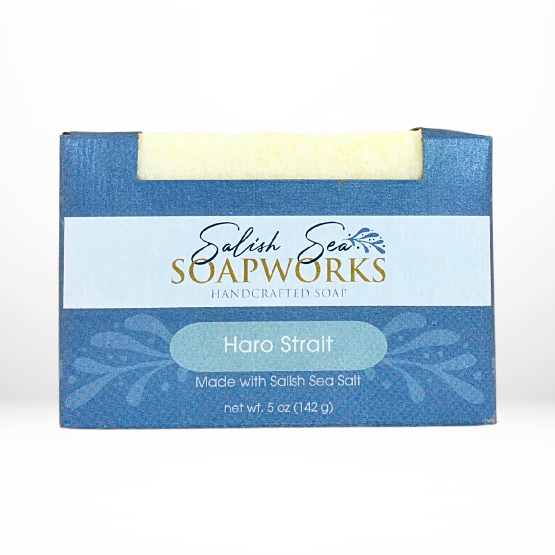 Front view of the 'Haro Strait' bar of soap in Salish Sea Soapworks packaging.