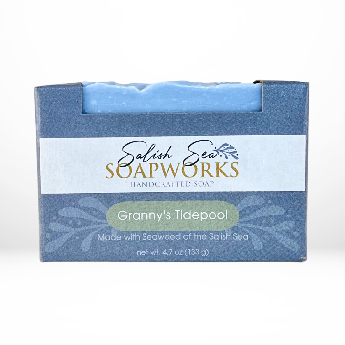 Front view of the 'Granny's Tidepool' bar of soap in Salish Sea Soapworks packaging.