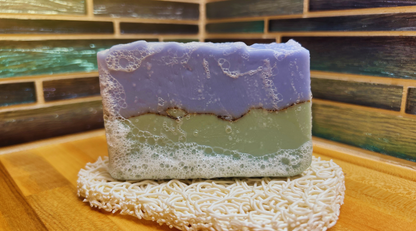 Blue and green soap bar on a 'soap lift' featured product