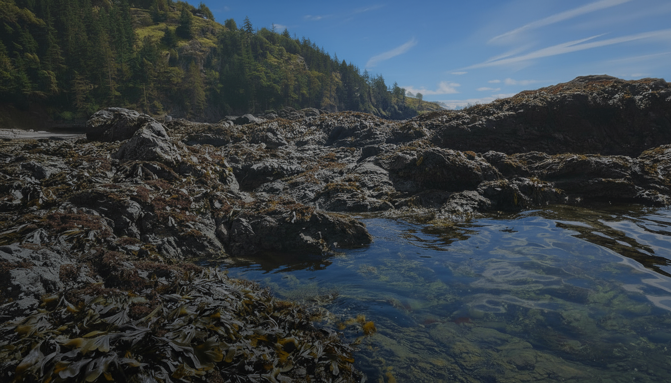 Rocky shoreline with clear water and greenery under a blue sky